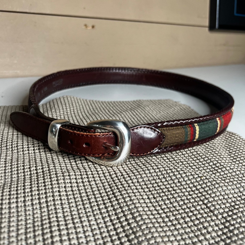 Brighton Mens 38 Brown Leather Braided Belt Woven Fabric Inlay 67506 USA